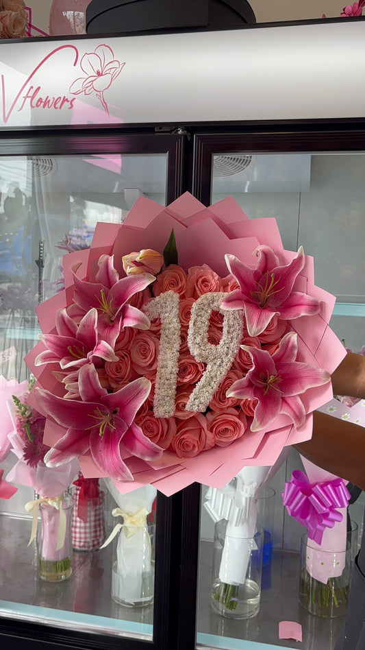 Pink 25 Rose Lily Birthday Bouquet with baby’s breath #