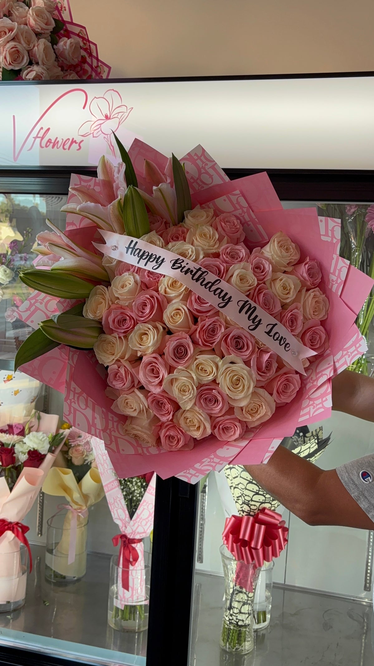 Heart shaped Roses & Lilies
