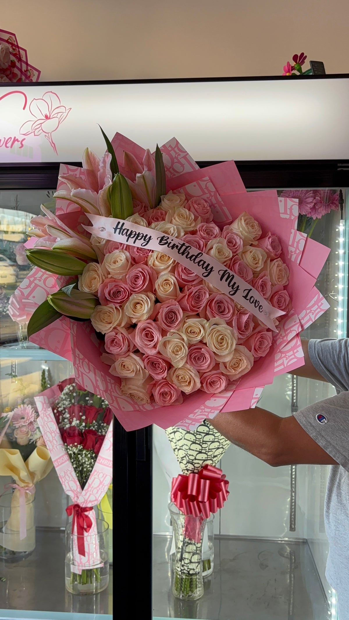Heart shaped Roses & Lilies