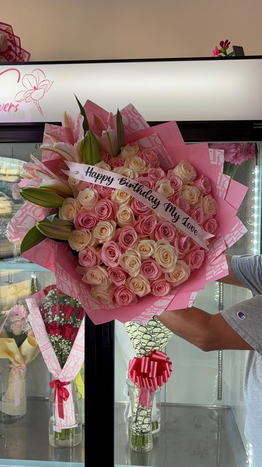 Heart shaped Roses & Lilies