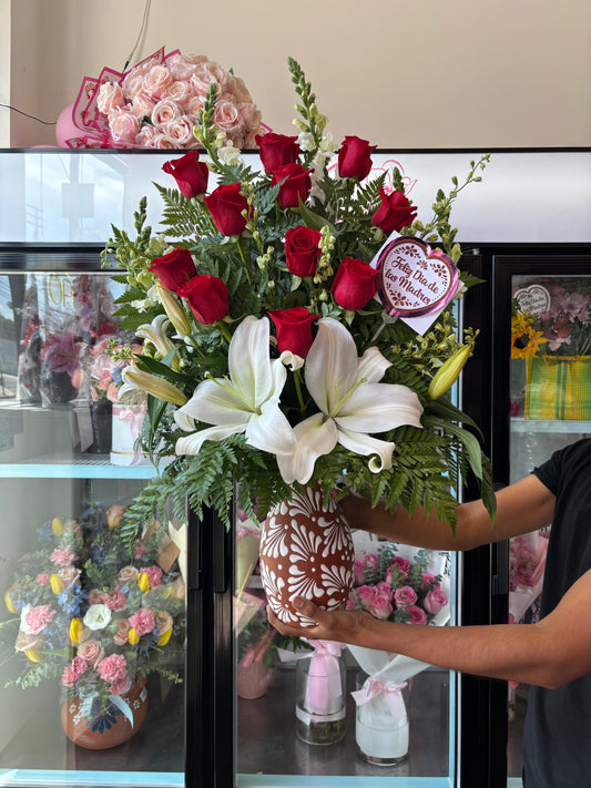 Red Rose arrangement + Lily